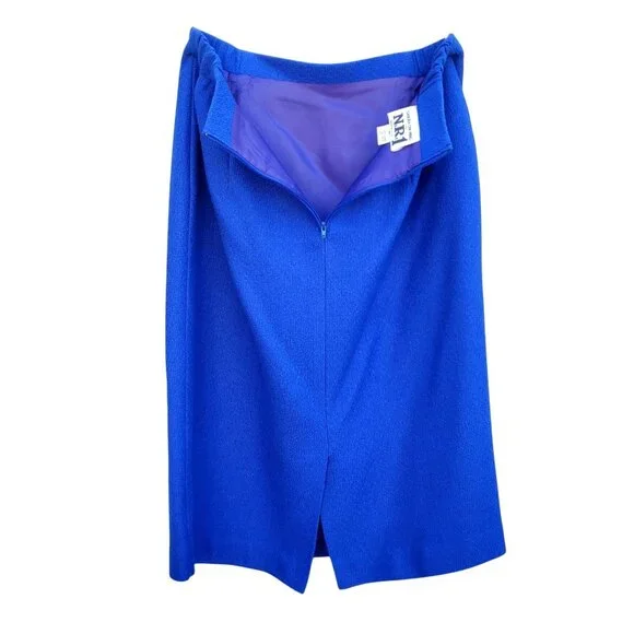 Vintage 80s Electric Blue Wool Power Skirt Suit L XL Rhinestone Buttons - Picture 12 of 13